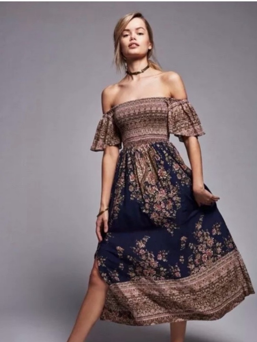 Free People Navy Multicolor Off-Shoulder Border Print Maxi Dress size XS